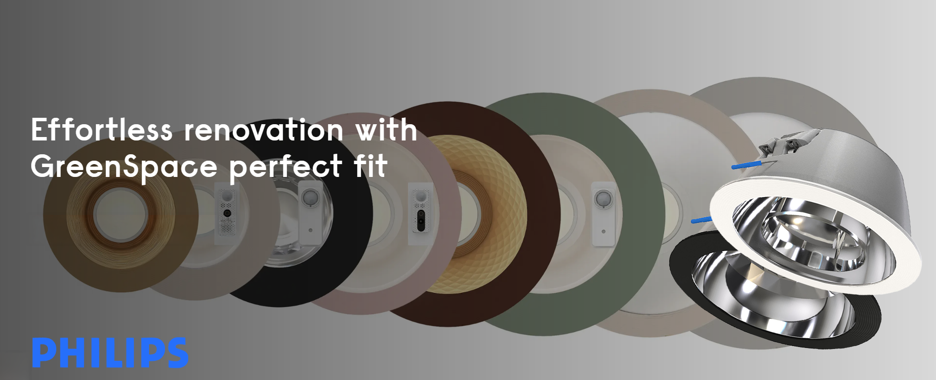different coloured philips greenspace downlights on a light grey background