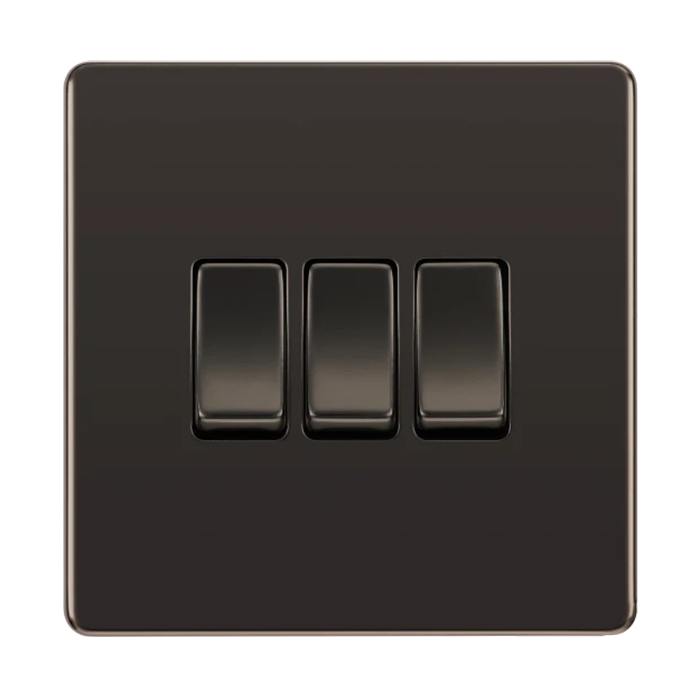 BG Screwless Flatplate Black Nickel 3 Gang Switch 20A 16AX 2 Way 