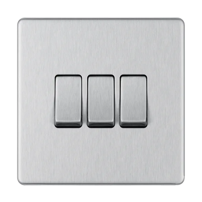 BG Screwless Flatplate Brushed Steel 3 Gang Switch 20A 16AX 2 Way