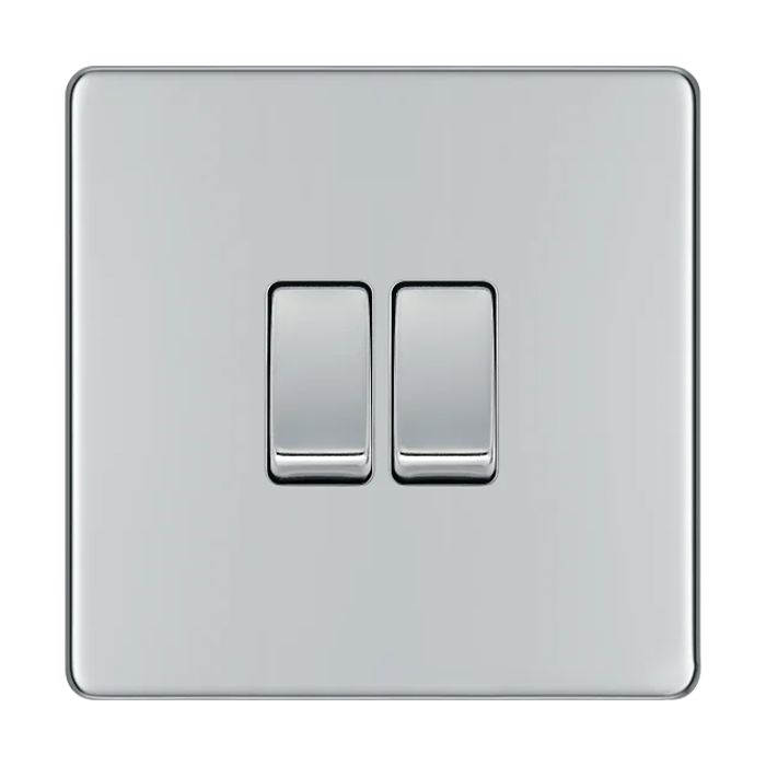 BG Screwless Flatplate Polished Chrome 2 Gang Switch 20A 16AX 2 Way