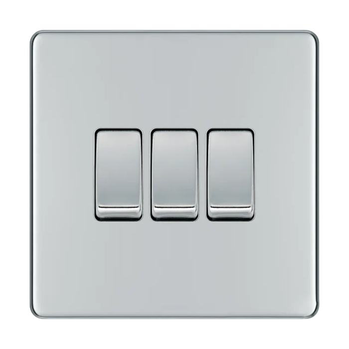 BG Screwless Flatplate Polished Chrome 3 Gang Switch 20A 16AX 2 Way
