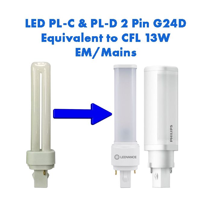 EM/Mains LED PL-C & PL-D Equivalent to 13W CFL 2 Pin G24D-1