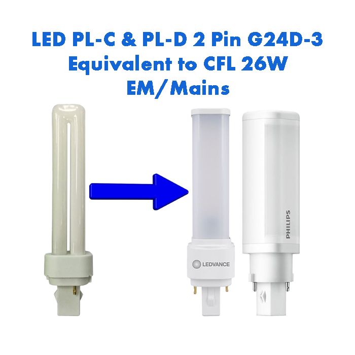 EM/Mains LED PL-C & PL-D Equivalent to 26W CFL 2 Pin G24D-3