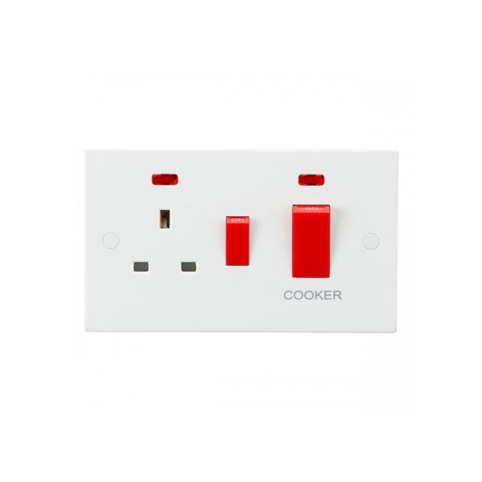 ML Knightsbridge SN8333N (5 PACK) Square White DP 45A Switch with 13A Socket & Neons Cooker Control Unit
