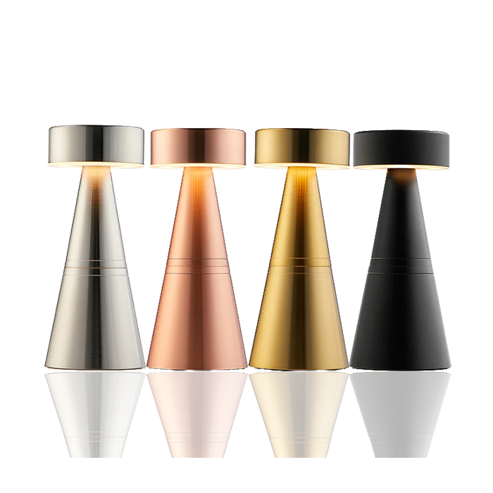 Charm Drum Rechargeable Cordless Table Lamp range in 4 different finishes on a white background