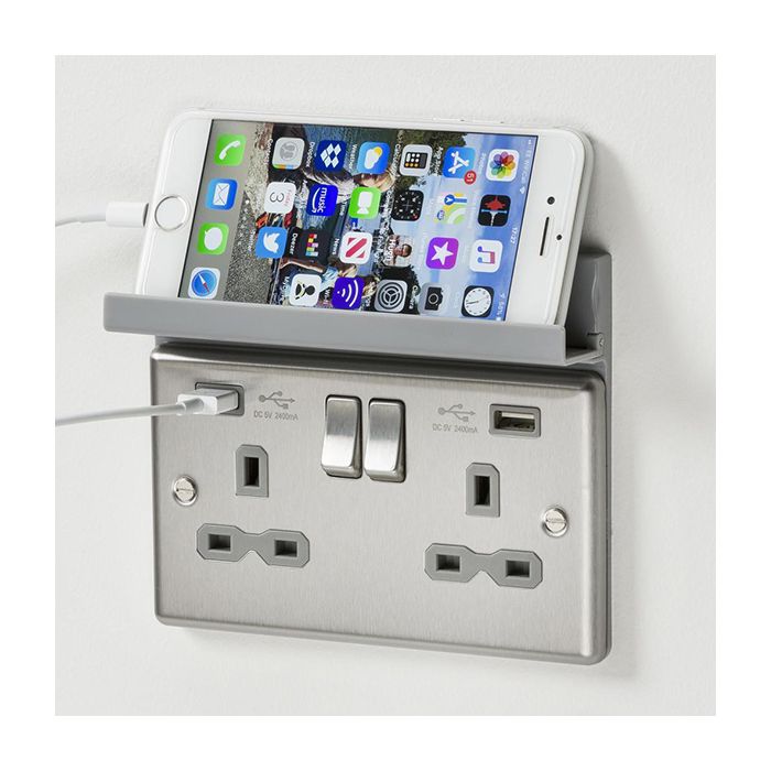 MLA Knightsbridge 2GPHGY Grey Fold Away Phone Holder Shelf for Double Sockets