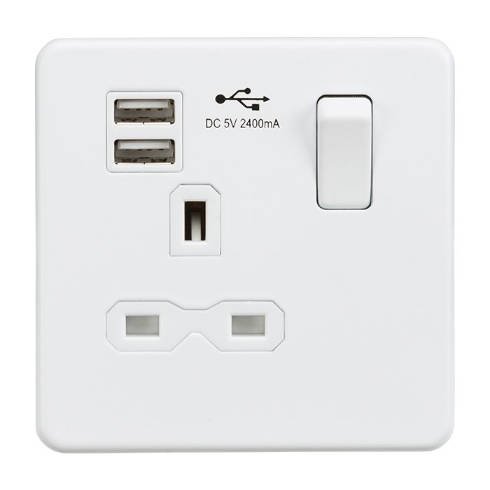 MLA-Knightsbridge Screwless Socket 1 Gang  with Dual USB Charger (2.4A) Matt White