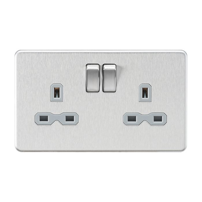 MLA-Knightsbridge Screwless Socket 2 Gang  Brushed Chrome  with Grey Insert 
