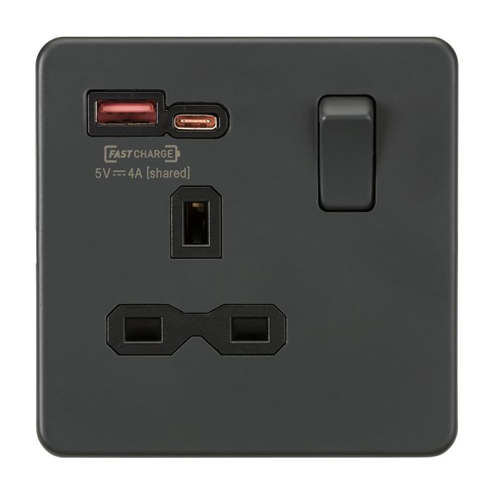 MLA Knightsbridge Single Socket with Dual Fastcharge USB A+ C Anthracite with Black Inserts