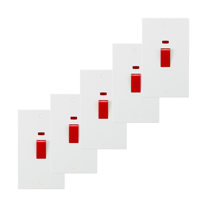 Knightsbridge SN8332N (10 Pack) Square Edge White 45A DP Switch with Neon (2G Size) - Red Rocker