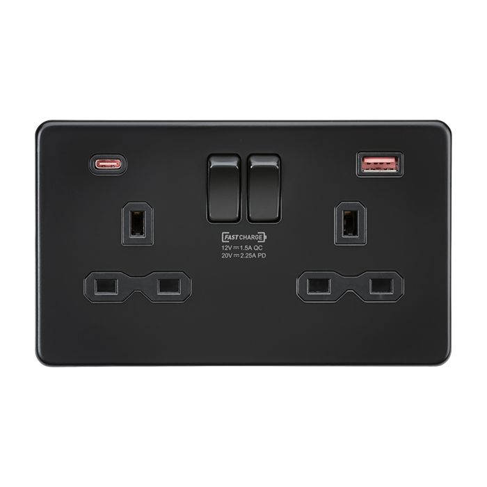 MLA-Knightsbridge Socket 2 Gang   with Dual USB Fastcharge Ports (A + C) Matt Black