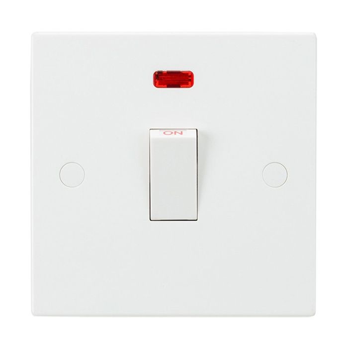 MLA Knightsbridge SN8341N Square Edge White Plastic 1 Gang Double Pole Plate Switch w/ Neon 20A