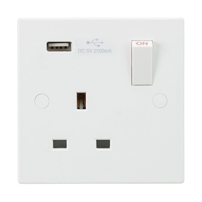 MLA Knightsbridge SN9903 Square Edge White Plastic 1 Gang 13A Switched Socket w/ USB 2.1A
