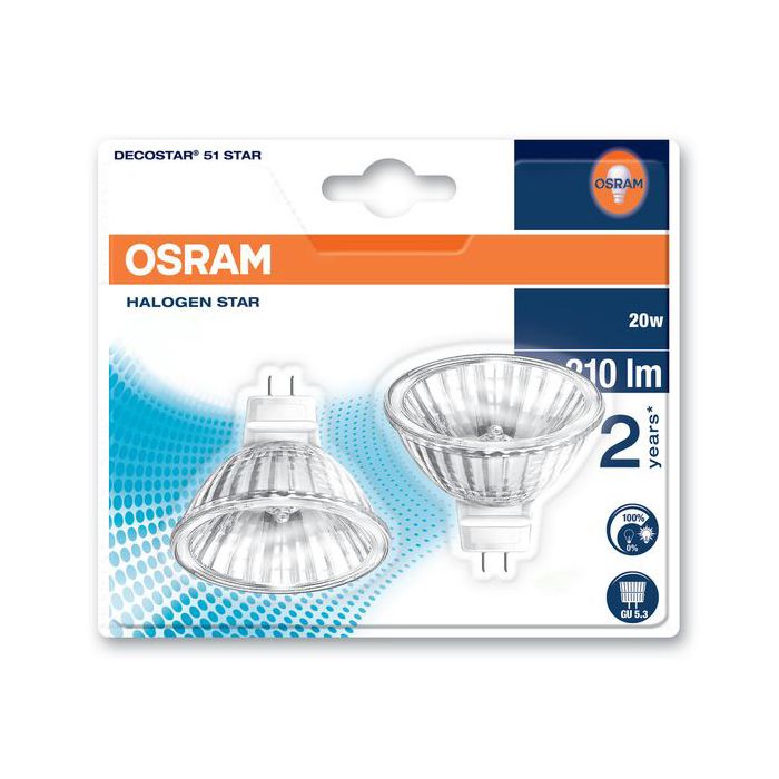 Osram Decostar 20W 12V Halogen MR16 36D 3000K Twin Pack 