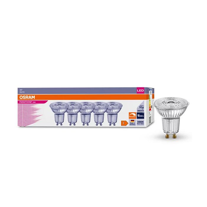 Osram Parathom 4.5W Dimmable LED GU10 Spot 36D 3000K 5 Pack