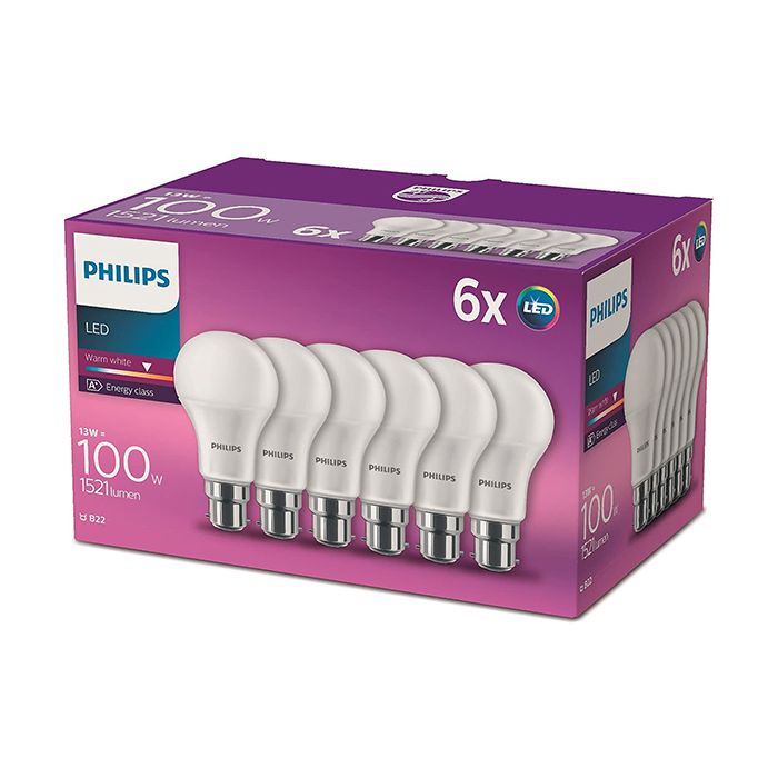Philips CorePro LEDbulb ND 13-100W A60 B22 827 - 6 Pack