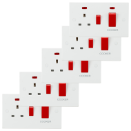 ML Knightsbridge SN8333N (5 PACK) Square White DP 45A Switch with 13A Socket & Neons Cooker Control Unit