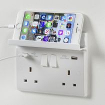 ML Knightsbridge 2GPHW White Fold Away Phone Holder Shelf for Double Sockets