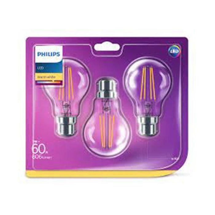 3 Pack Philips 7w LED GLS BC 2700K Clear Bulbs