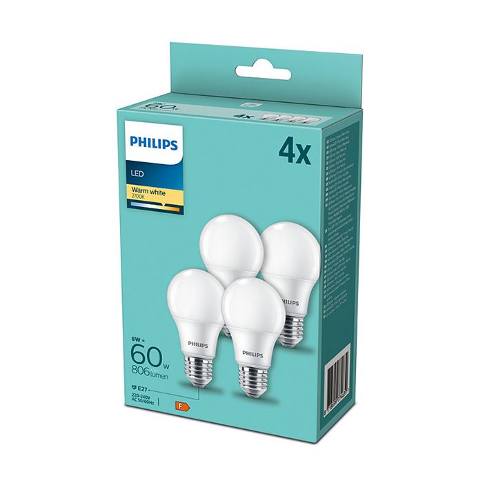4 Pack Philips LED 8w B22 Frosted GLS/A60