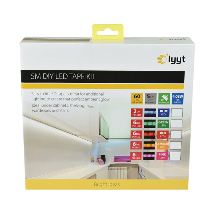 AVSL153.722UK 5 METRE LED TAPE KIT 3000K WW Power supply, and connectors. Easy to cut to at 5cm intervals. IP65 waterproofing