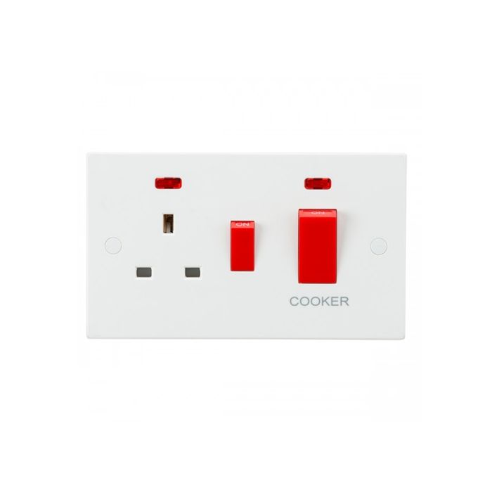 ML Knightsbridge SN8333N Square White DP 45A Switch with 13A Socket & Neons Cooker Control Unit