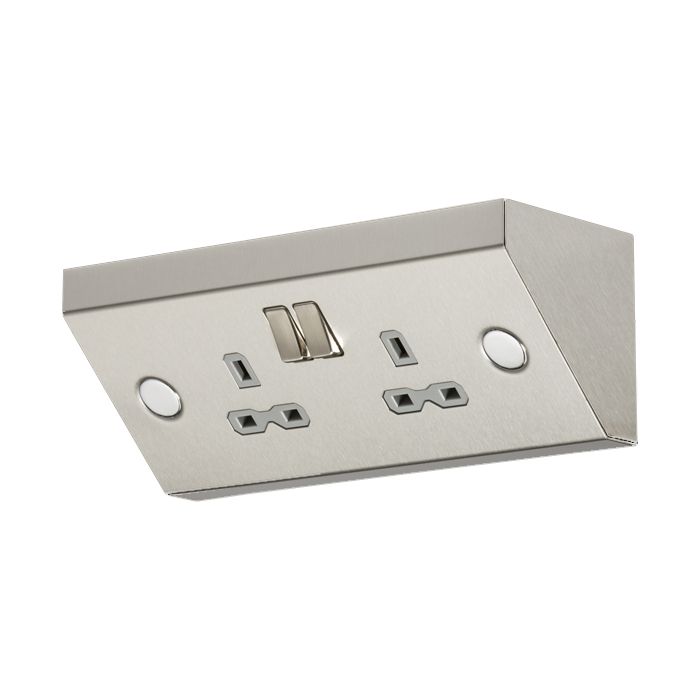 MLA Knightsbridge SKR008 Stainless Steel Mounted DP 2 Gang Switched Socket with Grey Insert 13A