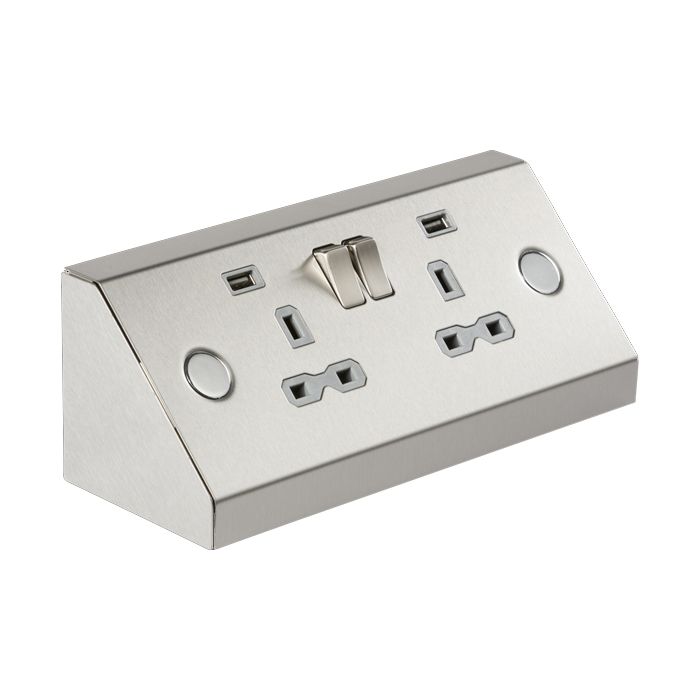 MLA Knightsbridge SKR009A Stainless Steel and Grey Mounted Switched Socket 13A with Dual USB 2.4A