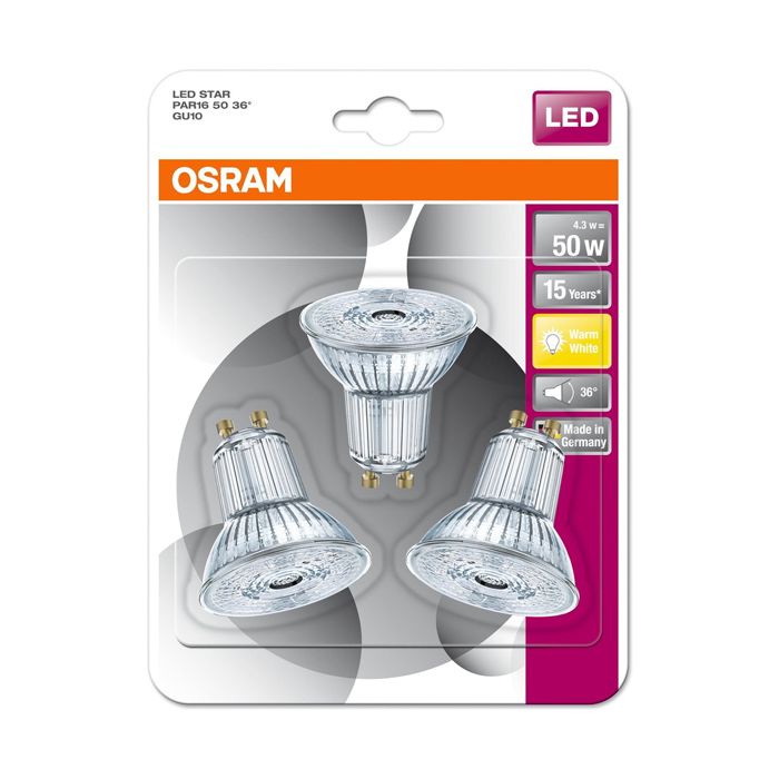 Osram LED Star 4.3w Par16 Gu10 2700K 36d Pack of 3
