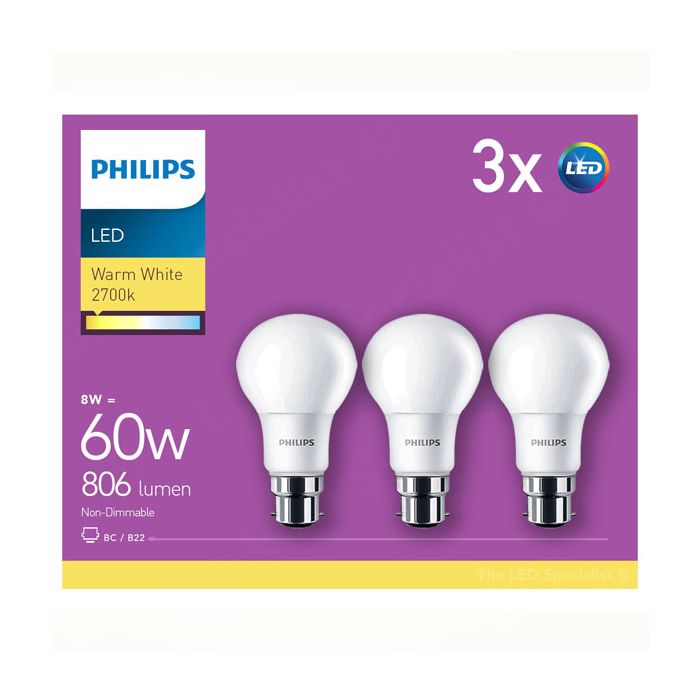 Philips CorePro LEDbulb ND 8-60W A60 B22 827 - 3 Pack