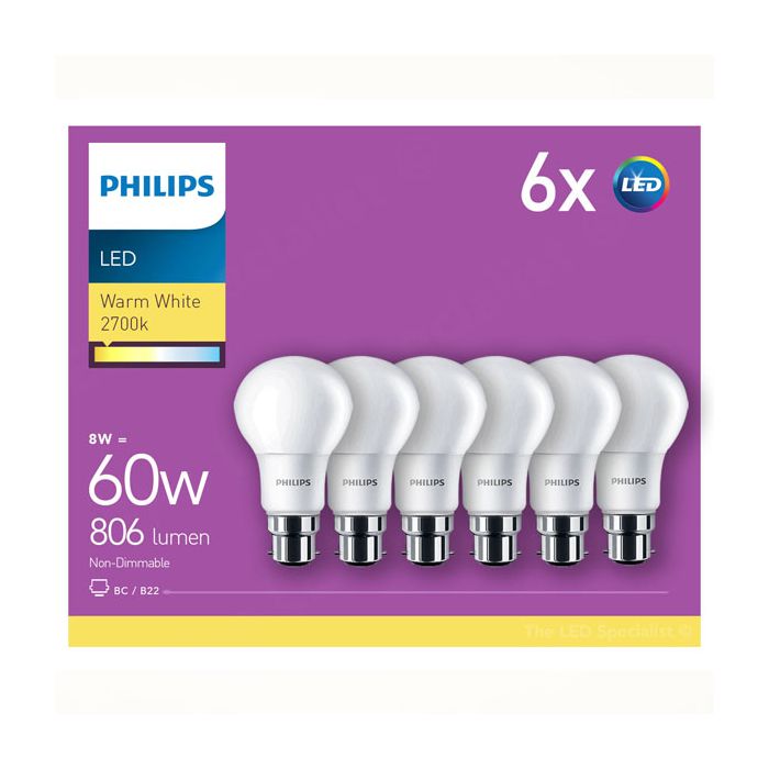 Philips CorePro LEDbulb ND 8-60W A60 B22 827 - 6 Pack